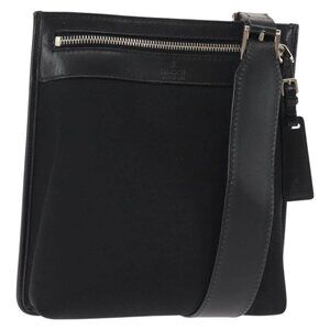 GUCCI Shoulder Bag Canvas Leather Black Auth